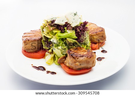 BBQ Steak. Barbecue Grilled Beef Steak Meat with Vegetables. Healthy Food.  Steak Dinner