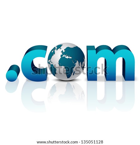 3D globe with word dot com in blue - front view