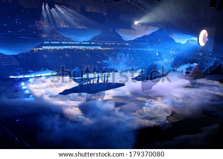 SOCHI, RUSSIA - FEBRUARY 7, 2014: the landscape of Russia - Kamchatka - floats before the audience at the opening ceremony of the XXII Olympic Winter Games on February 7, 2014 in Sochi.