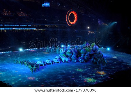SOCHI, RUSSIA - FEBRUARY 7, 2014: Chudo Yudo Riba Kyt (the giant Miracle Monster Fish Whale) appears at the opening ceremony of the XXII Olympic Winter Games on February 7, 2014 in Sochi.