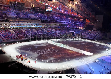 SOCHI, RUSSIA - FEBRUARY 7, 2014: Parade of Nations (parade of athletes) at the opening ceremony of the XXII Olympic Winter Games in the stadium Fisht on February 7, 2014 in Sochi.