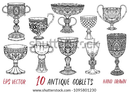 Vintage collection with ten antique goblets. Hand drawn doodle engraved illustration with graphic drawings