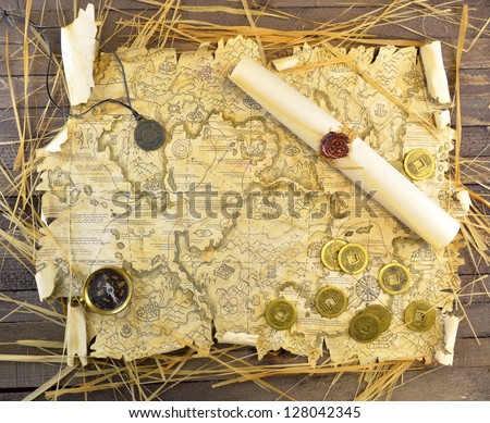 Pirate map with medallion and coins