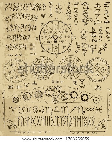 Vector design set with magic letters, pentacle, runes, zodiac, seals. Esoteric and occult illustration with mystic and gothic symbols. No foreign language, all elements are fantasy.