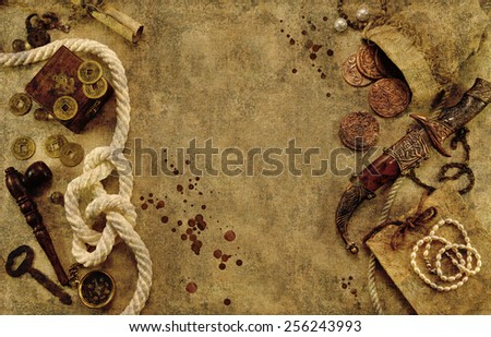 Grunge background with nautical and pirate objects, old fabric texture effect with bloody drops and copy space