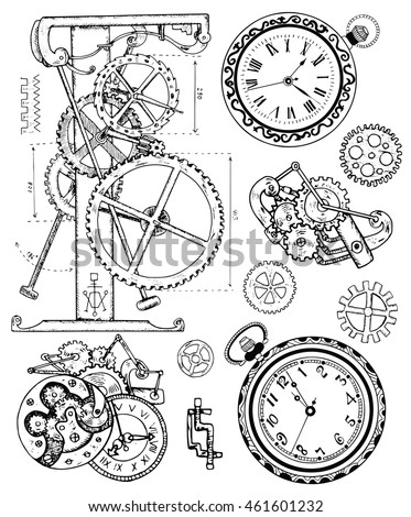 Graphic set with vintage clock mechanism in steampunk style. Hand drawn illustration, sketch tattoo, old black and white technology collection with cogs, gear, wheels and retro machines