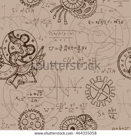 Seamless background with mechanical parts of clocks and retro machines, graphics and math formulas. Hand drawn repeated illustration in steampunk style