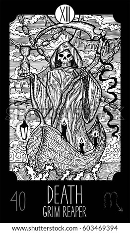Death.13 Major Arcana Tarot Card. Grim Reaper. Fantasy engraved line art illustration. Engraved vector drawing. See all collection in my portfolio set. 