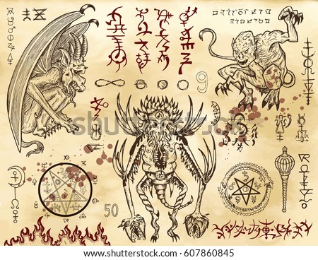 Demon collection with mystic and occult symbols. Hand drawn engraved vector illustration. There is no foreign text in the image, all symbols are imaginary and fantasy ones. 