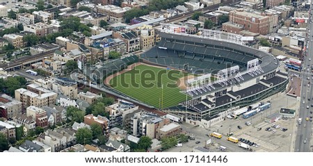 Aerial angle of Wrigley Field in Chicago on a sunny day