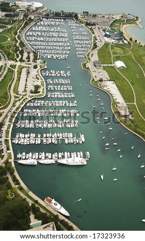 Overhead view of boats in marina