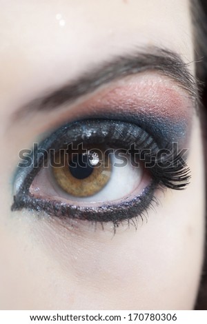 A closeup on a hazel eye of a female in a studio.