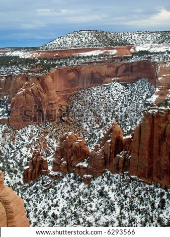 Colorado Monument Park right outside Grand Junction.  Rock formations with dreary snowfall.