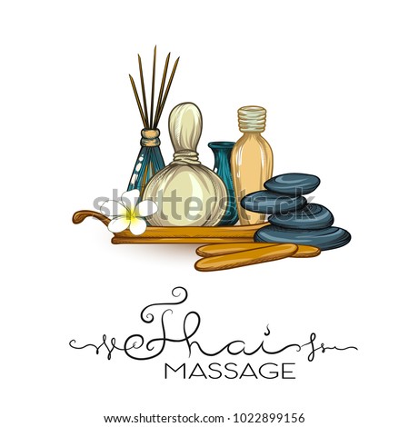 A set of different items, needs for SPA  or Thai massage. Colorful stock vector illustration.