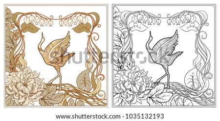 Poster Background With Decorative Flowers And Bird In Art Nouveau Style Vintage Old