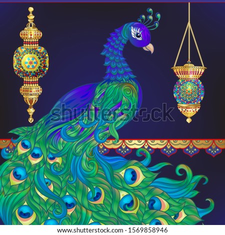 Peacock and eastern ethnic motif, traditional muslim ornament. Template for wedding invitation, greeting card, banner, gift voucher, label. Colored vector illustration in gold and blue.