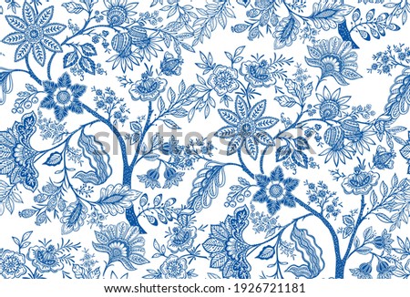 Fantasy flowers in retro, vintage, jacobean embroidery style. Seamless pattern, background. Vector illustration. On army green background.