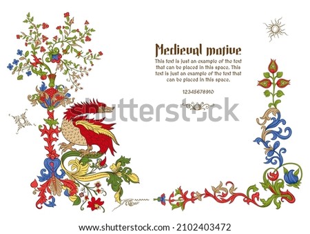 Floral and animal vintage Medieval illuminati manuscript inspiration. Romanesque style. Template for greeting card, banner, gift voucher, label. Vector illustration. Foto d'archivio © 