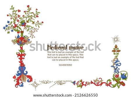 Floral vintage Medieval illuminati manuscript inspiration. Romanesque style. Template for greeting card, banner, gift voucher, label. Vector illustration Foto d'archivio © 