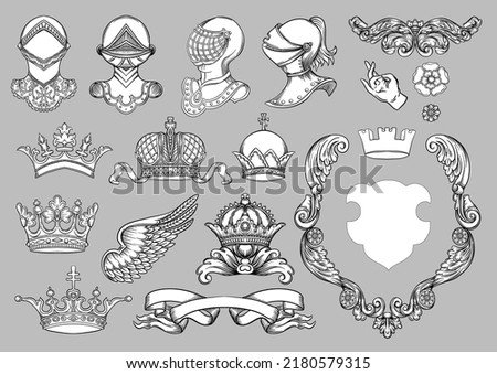 Set of crowns, knight, helmet, shield, coat of arms, ribbon, heraldry for traditional design of coats of arms and shields. Clip art, set off elements for design Vector illustration.