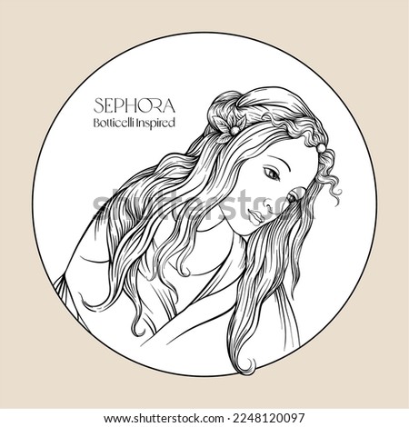 Portrait of a woman inspired by a painting by Renaissance artist Botticelli. Outline hand drawing vector illustration.
