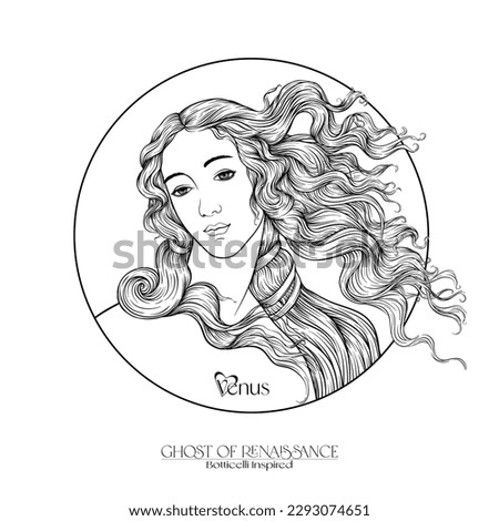 Portrait of a woman inspired by a painting by Renaissance artist Botticelli Birth of Venus. Outline hand drawing vector illustration.