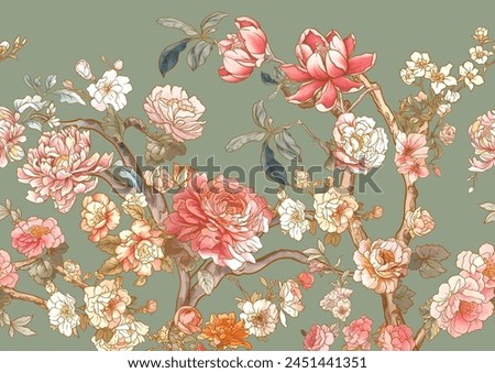 Blossom trees with rose, peony, chrysanthemum, Seamless pattern, background. Vector illustration. In Chinoiserie, botanical style