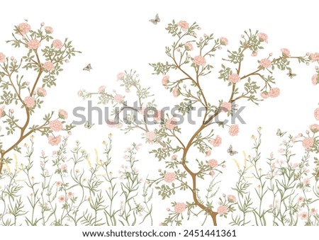 Blossom trees with flowers and butterflies. Seamless pattern, background. Vector illustration. In Chinoiserie, japandi, botanical style