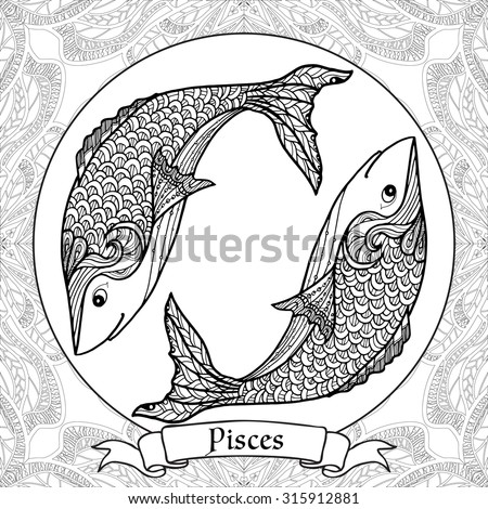 Coloring Page With Pattern And Zodiac Sign Pisces Stock Vector ...