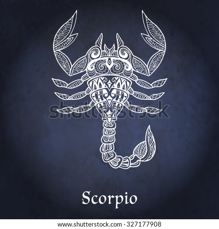 Decorative Zodiac sign Scorpio on night sky background in zentangle style