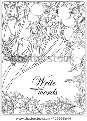 Decorative flowers, birds and butterflies. Coloring book for adult and older children. Coloring page with space for text. Outline drawing. Vector illustration.