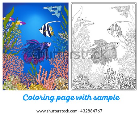 Adult Coloring Book Page With Underwater World Coral Reef Colored Sample Corals