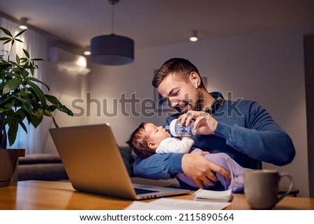 Similar – Image, Stock Photo Father working on laptop while child playing on kitchen floor