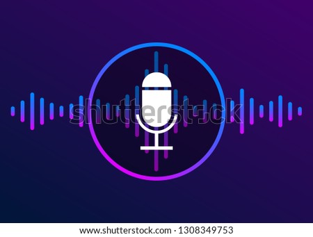 Voice recognition icon and personal assistant concept, gradient vector illustration siri design of soundwave intelligent technologies. Microphone button with bright voice and sound imitation waves