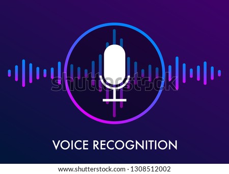 Voice recognition concept and personal voice assistant gradient vector illustration design of soundwave recognition intelligent technologies. Microphone button and sound imitation waves