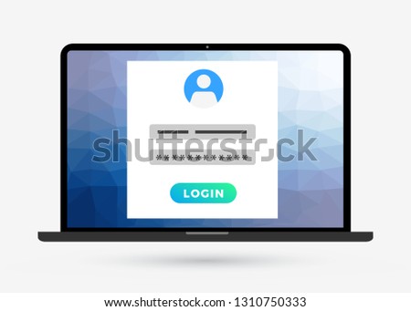 Logging on, signing in, or signing on icon. Single sign-on form. Laptop computer with login page on screen. Modern flat style design registration or login page. Vector illustration on grey background.