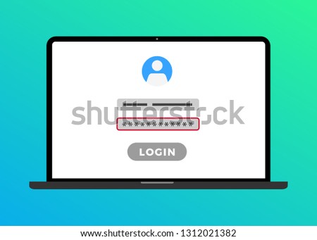 Laptop computer with login page on screen and wrong password error. Modern flat style design registration login page with failure red form. Password reset vector illustration with gradient background.