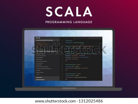 Scala programming language. Learning concept on the laptop screen code programming. Command line interface with flat design and gradient purple background. 