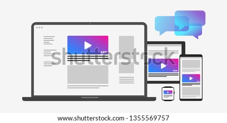 Programmatic targeting marketing and Native Advertising - Cross-device and multi target audience ads strategy. Laptop, Tablet PC, mobile phone and smart watch icon isolated on white background.