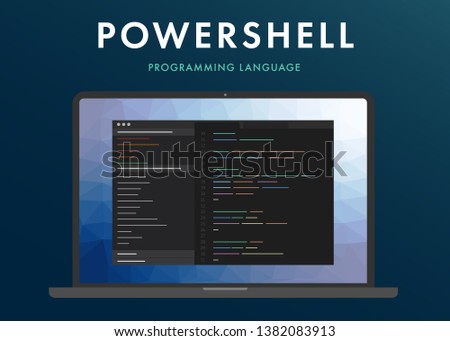 Powershell programming language. Learning concept on the laptop screen code programming. Command line interface with flat design and gradient purple background. 