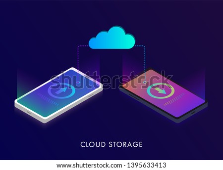 Hybrid, Public and Private Cloud computing storage, data transfers on Internet from mobile phone gadget to another phones. Isometric network cloud 3D flat design concept