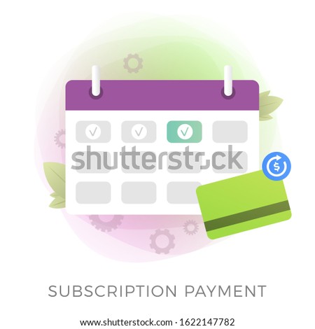 Subscription payment flat vector icon. Calendar with a monthly payment date for a registered member and a bank card with a recurring payment icon. Monthly subscription payment basis fee concept