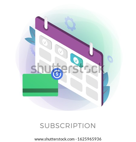 Subscription payment flat isometric vector icon. Monthly subscription basis fee concept. Credit Bank card with a recurring payment icon and calendar with a monthly payment date for a registered member