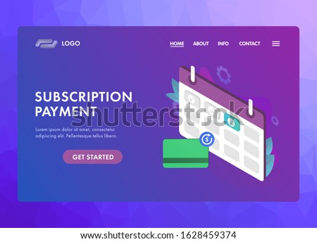 Subscription payment UI UX vector web template or landing page. Monthly subscription basis fee concept. Calendar with payment date for a registered member and a bank card with a recurring payment icon