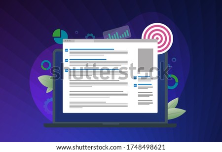 Pay Per Click (PPC) Advertising Campaign illustration. Paid Media Marketing Concept. Browser window with search results and contextual advertisements. Around icons with a target, charts and graphs.
