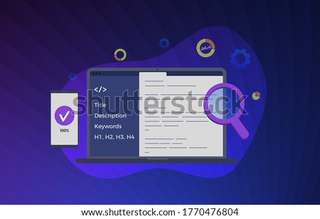 Website on-page SEO (Search Engine Optimization) vector illustration. Seo Development of desktop and mobile version site for better ranking in search engines. Fixing the Title, description, keywords