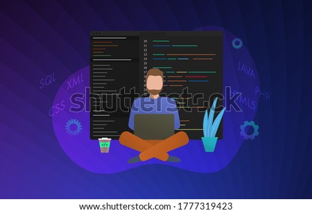 Web Development concept illustration. Software coding and programming web data processing and development. Man works behind the laptop, software code is displayed on the screen. Sql, xml, css, java