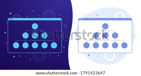 Sitemap vector concept with black and white background, dark ultra violet neon glowing thin icon and light-blue illustration. A site map with links and sections for better seo marketing.