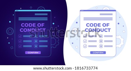 Code of Conduct vector concept with black and white background, dark ultra violet neon glowing thin icon and light-blue illustration. Document with concept of ethical, values, rules, principles. Сток-фото © 
