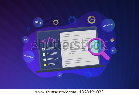 On page SEO flat vector modern illustration. Website On-Page SEO Search Engine Optimization concept. Web site development for better ranking in search engines. Fixing the Title, description, keywords